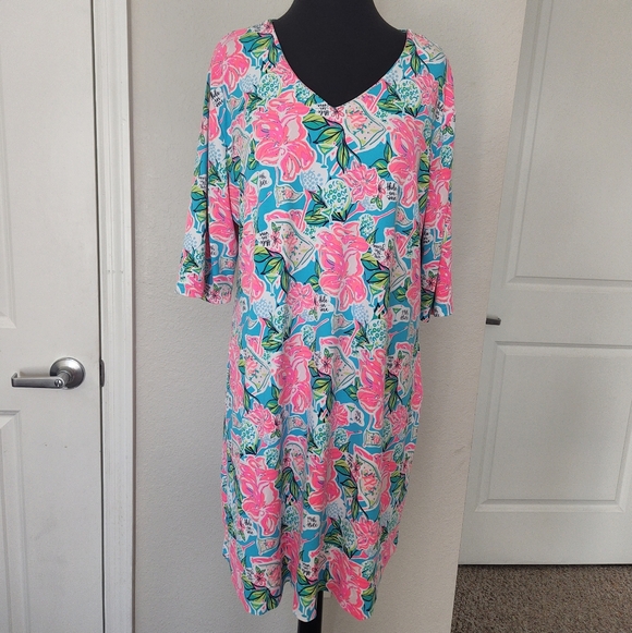 Lulu-B Dresses & Skirts - Lulu-B Floral V-Neck Dress - Pink and Blue